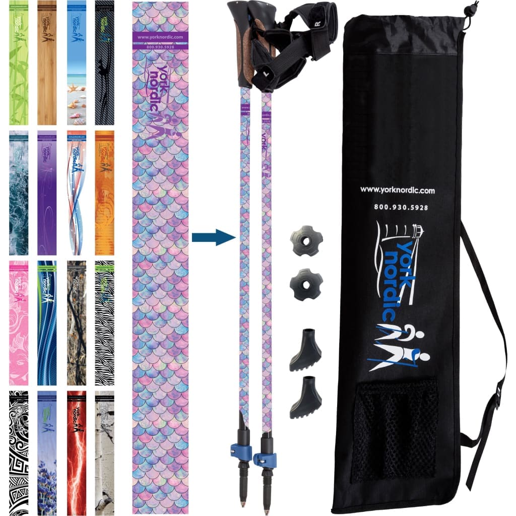 Official Nordic Walking Poles - True Nordic Glove Grip w-flip locks, detachable feet and travel bag - pair - For Heights up to 6’2”